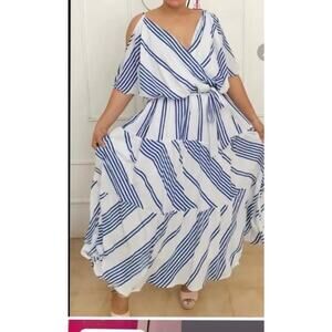 New Ashley Stewart Dress Tiered Straps Open Sleeve Blue Stripe Plus Size 22 (834